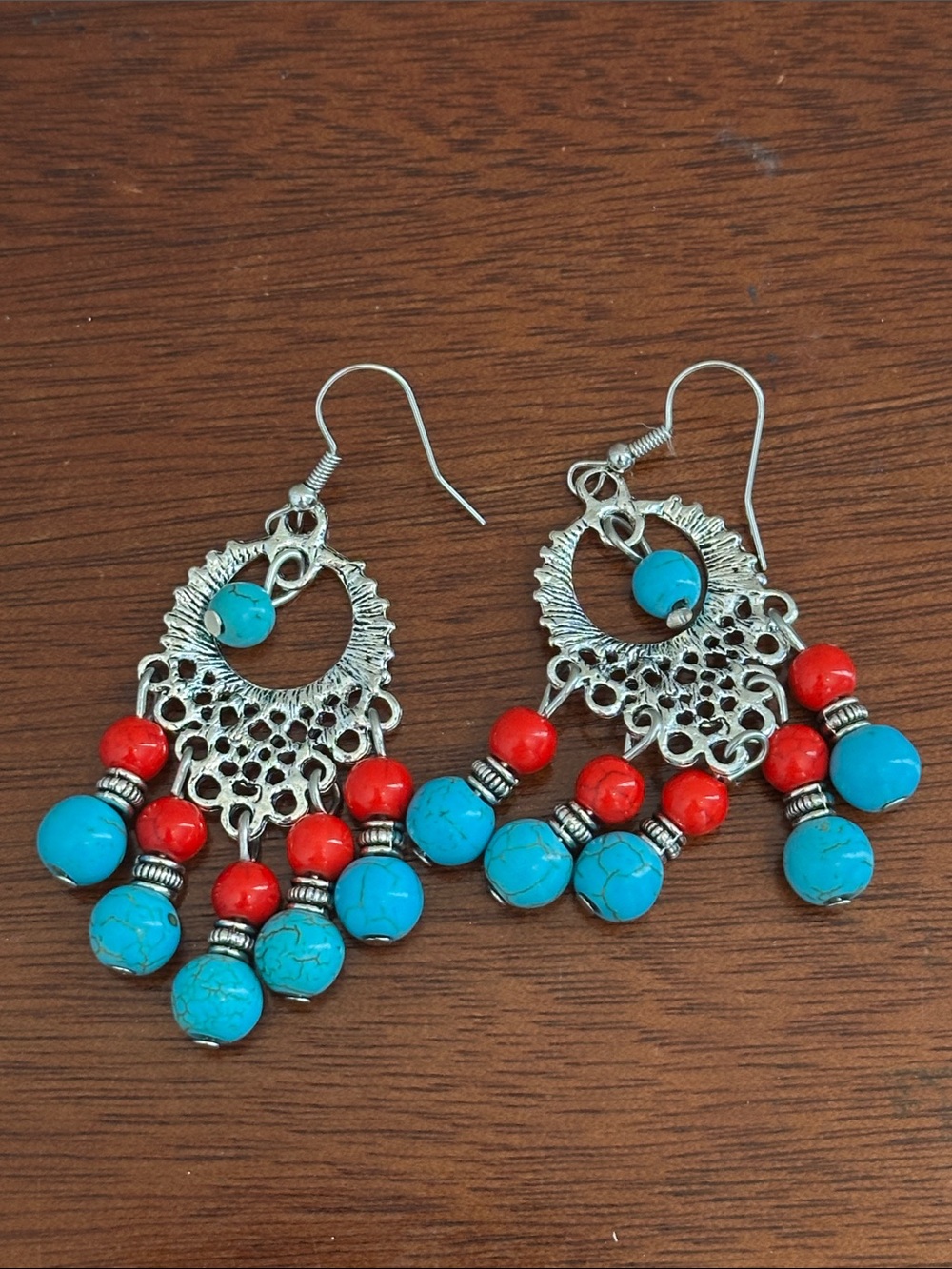 Fashion Jewelry Turquoise and Red Beaded Chandelier Earrings - Picture 7 of 8